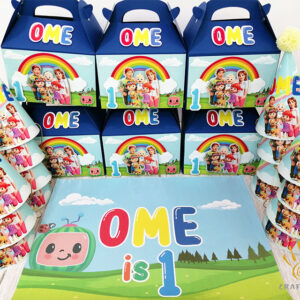 Package  Cocomelon Personalised Party Decorations Set Party Hat Placemat Favour Boxes