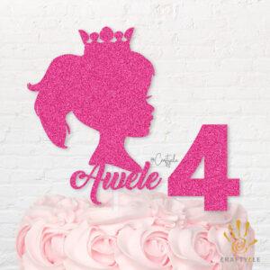 4 Four Girl Awele Crown Princess Glitter Birthday Cake Topper Pink Effect Glitters