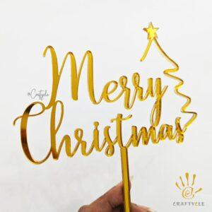 Merry Christmas Acrylic Cake Topper Decorations Charm Mirror Gold