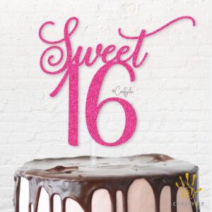 Sweet Sixteen 16 Glitter Cake Topper Pink Effect